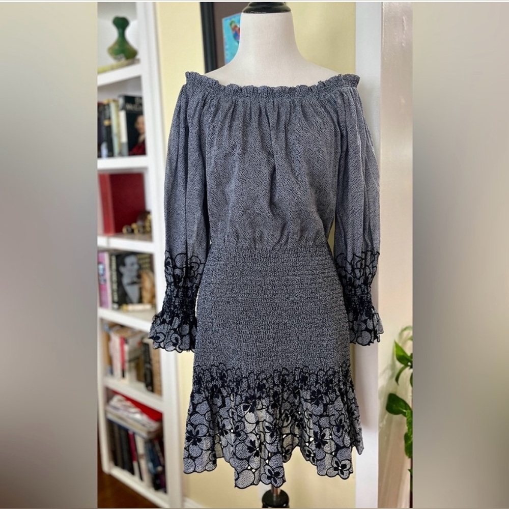 ALEXIS Dress Off Shoulder Navy White Dots Smocked Waist Floral Eyelet Trim SZ L
